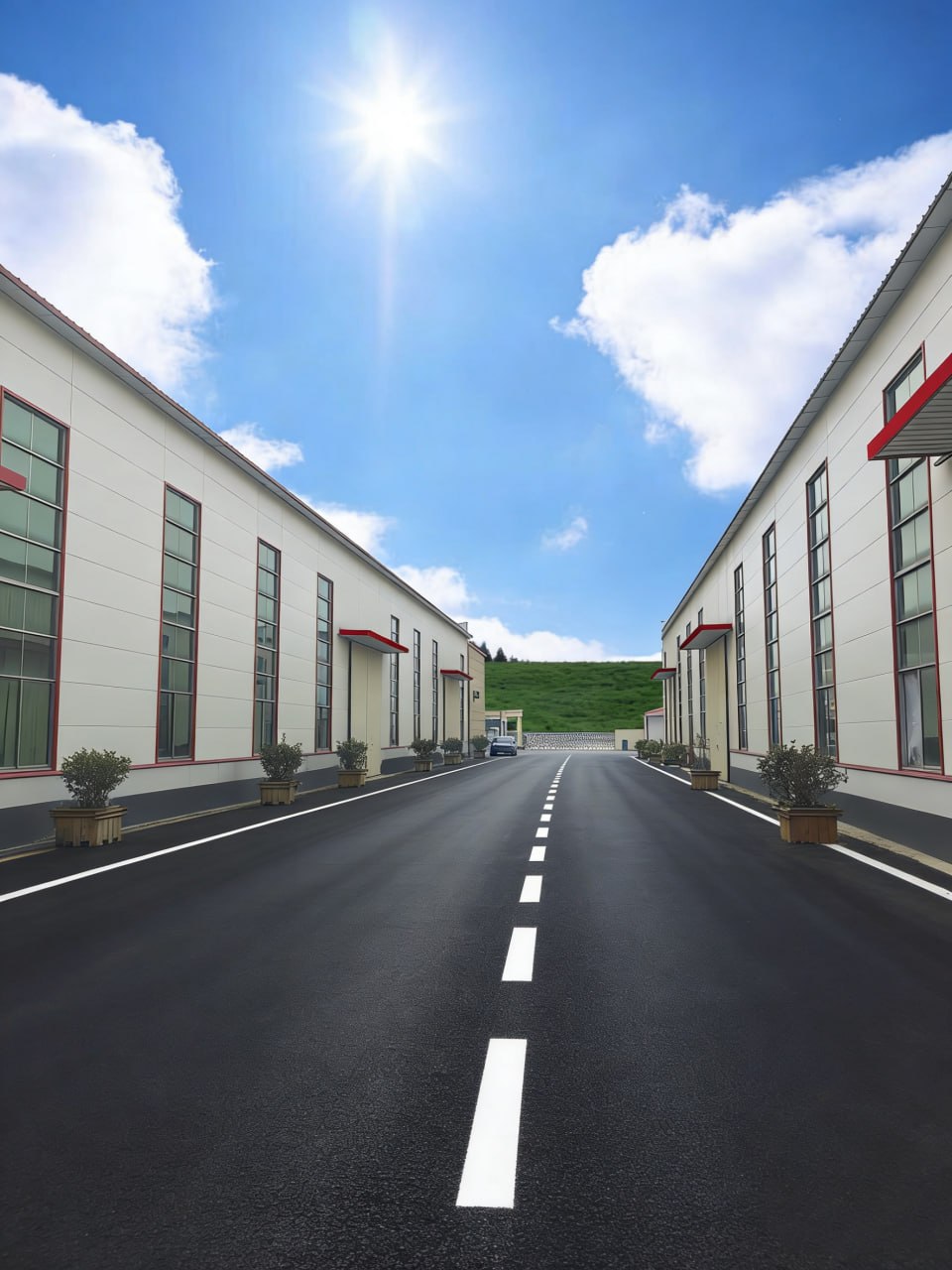 Clean road between JINDA PACK factory buildings